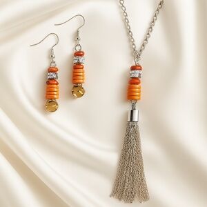 Silver Chain Necklace w/ Amber Flame Tassel & Beaded Drop Earrings – Jewelry